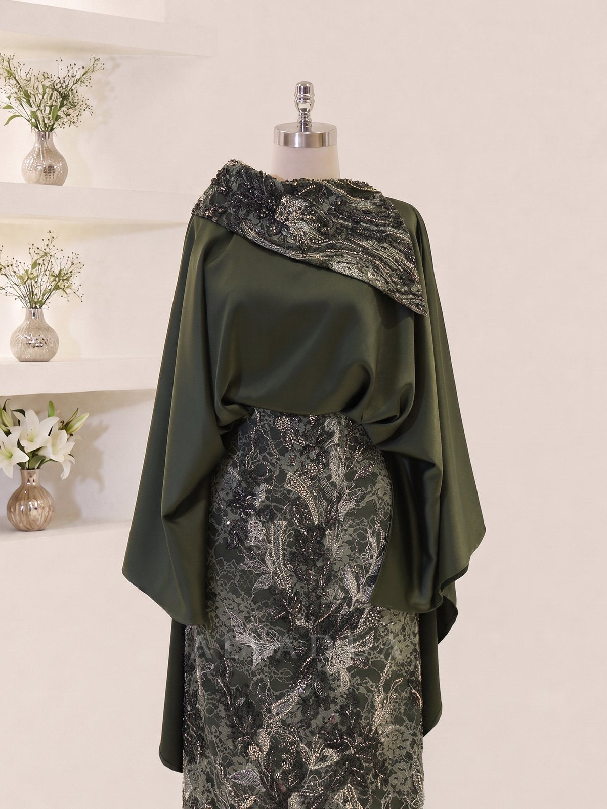 Embroidered Midi Length Melora Evening Dress