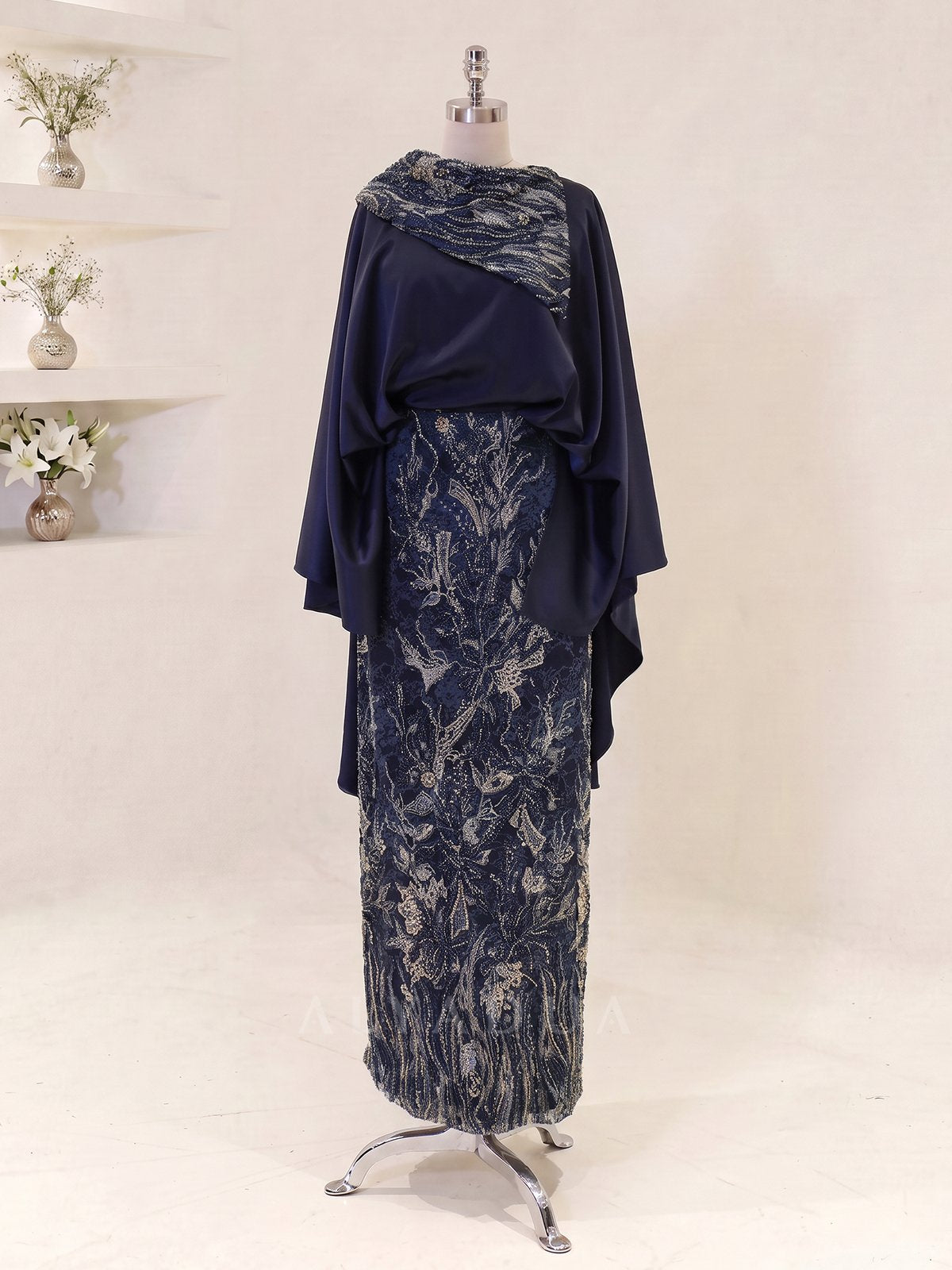 Embroidered Midi Length Melora Evening Dress