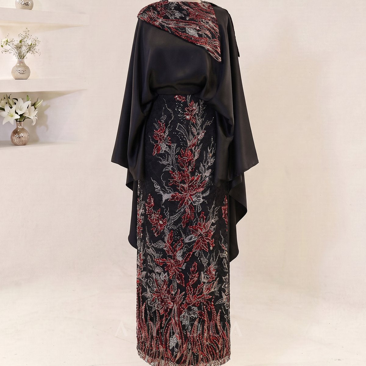 Embroidered Midi Length Melora Evening Dress
