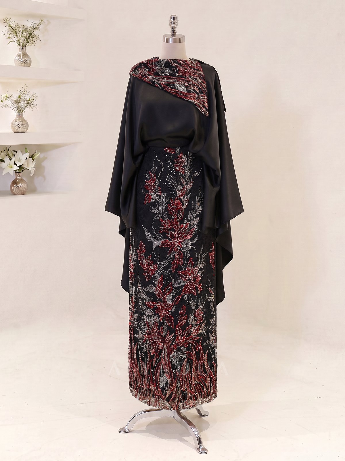 Embroidered Midi Length Melora Evening Dress