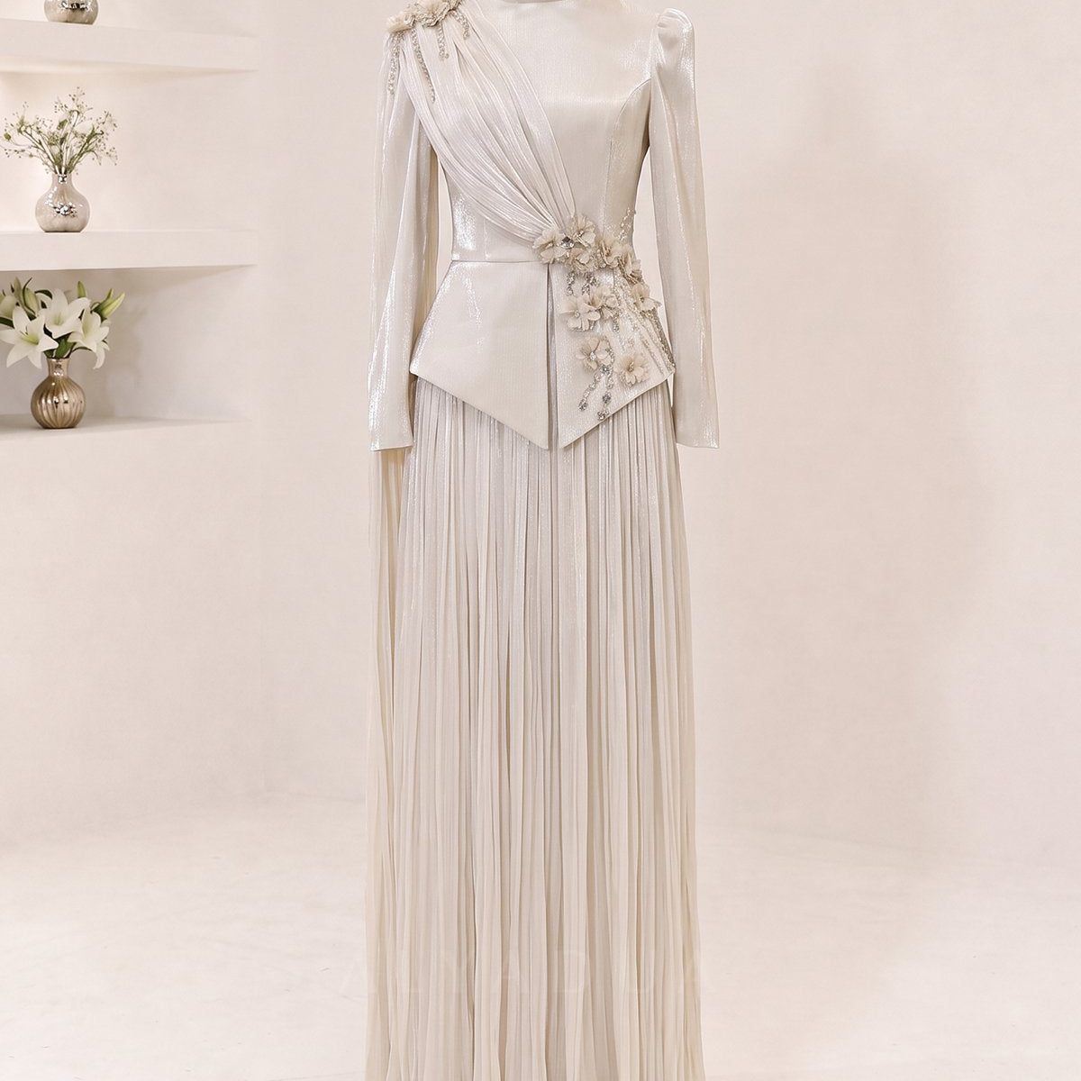 Eloria Modest Evening Dress with Floral Details