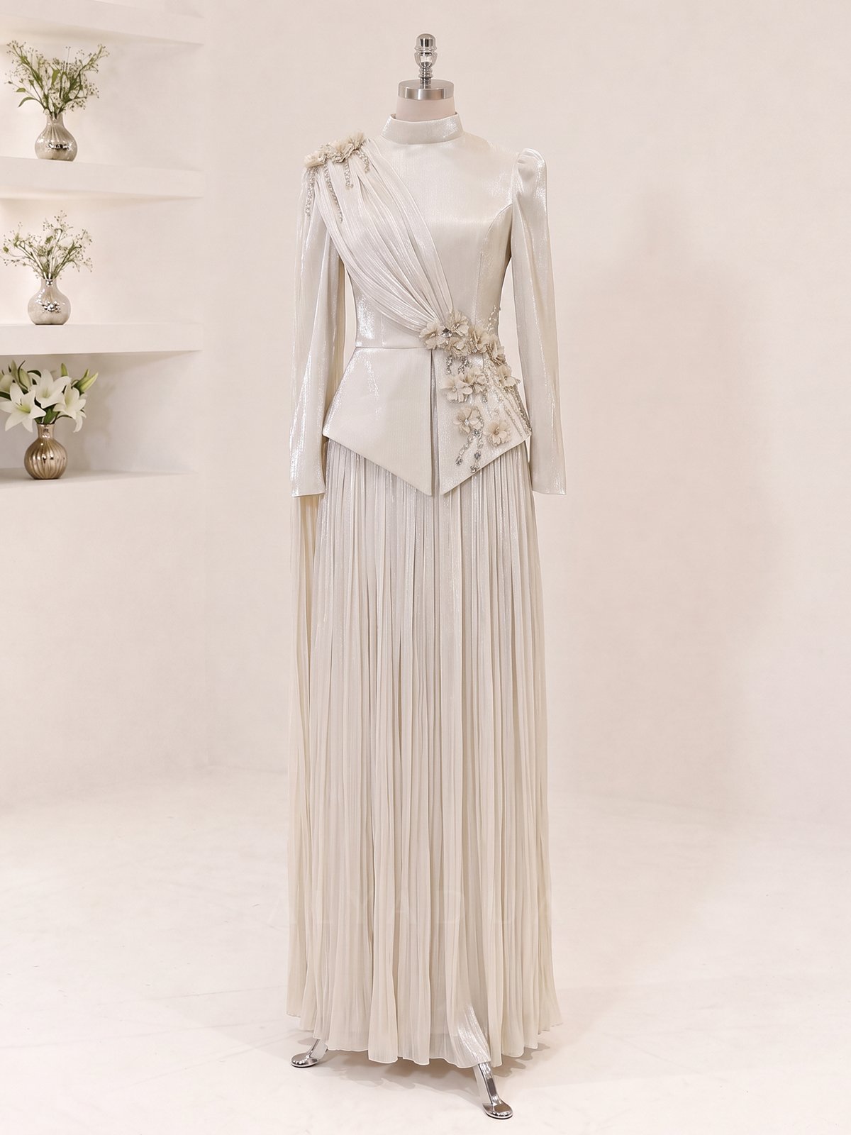 Eloria Modest Evening Dress with Floral Details