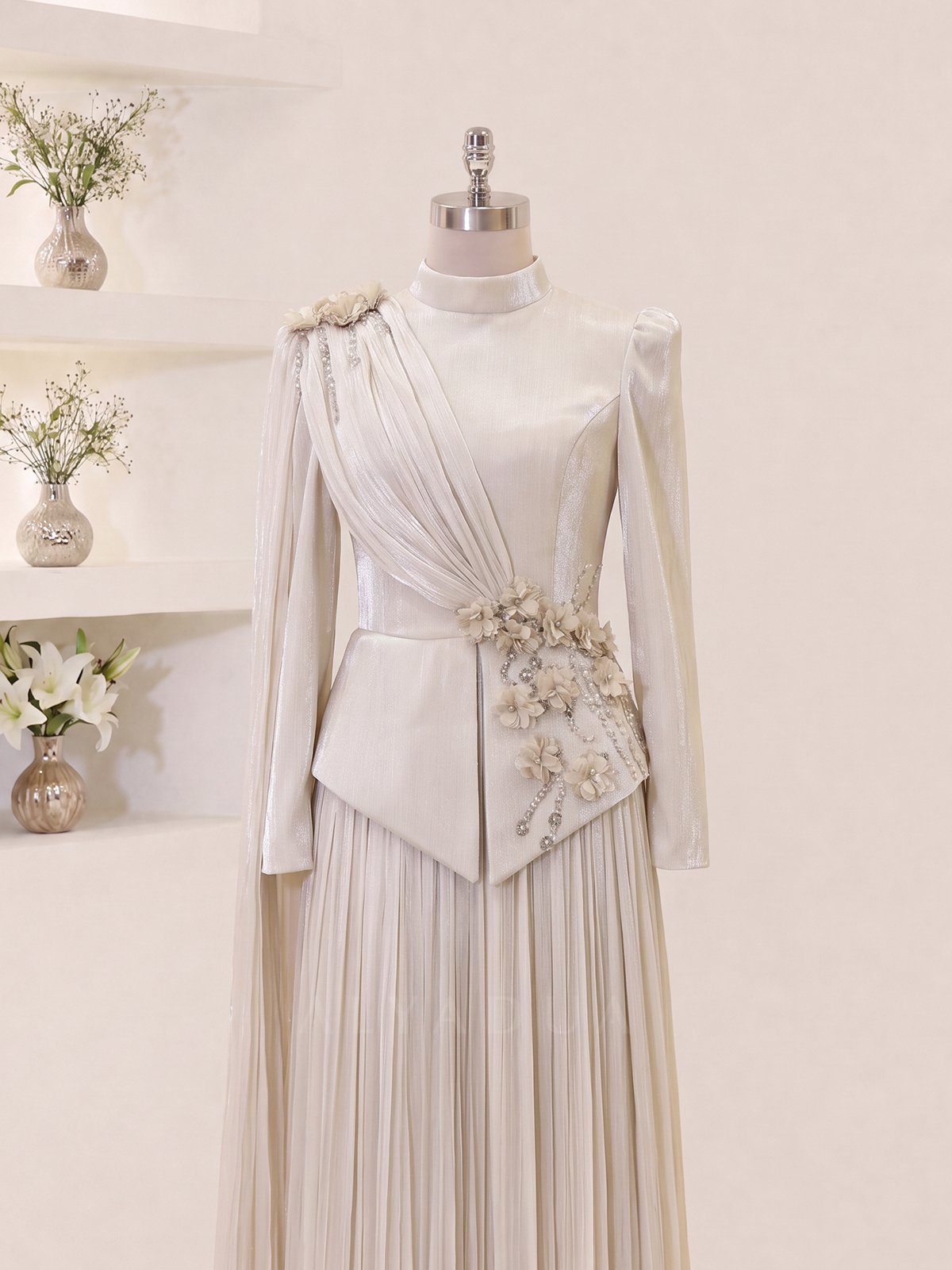 Eloria Modest Evening Dress with Floral Details
