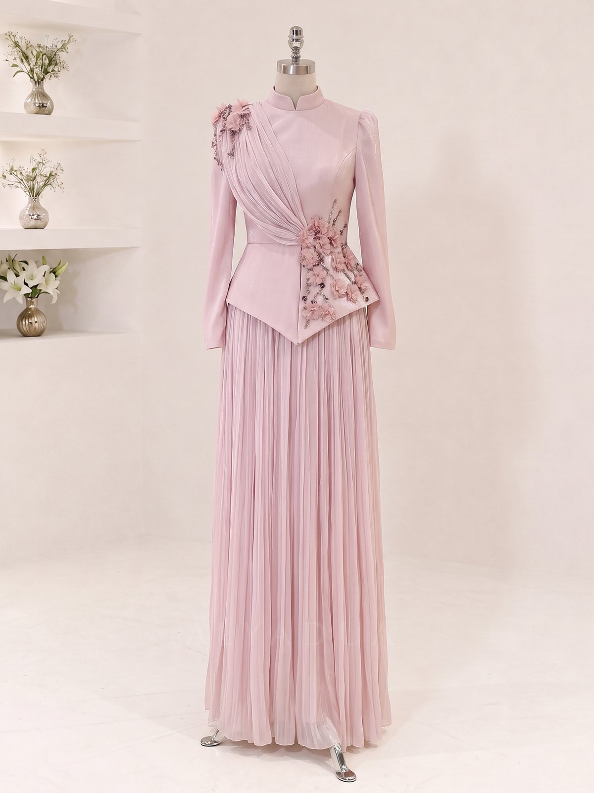 Eloria Modest Evening Dress with Floral Details