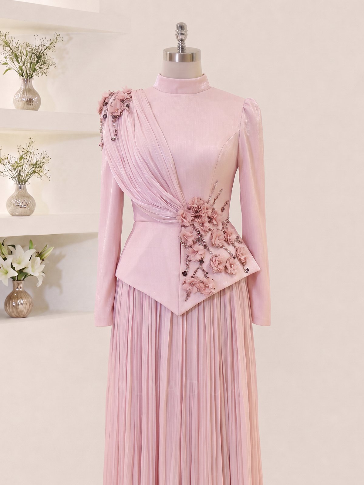 Eloria Modest Evening Dress with Floral Details