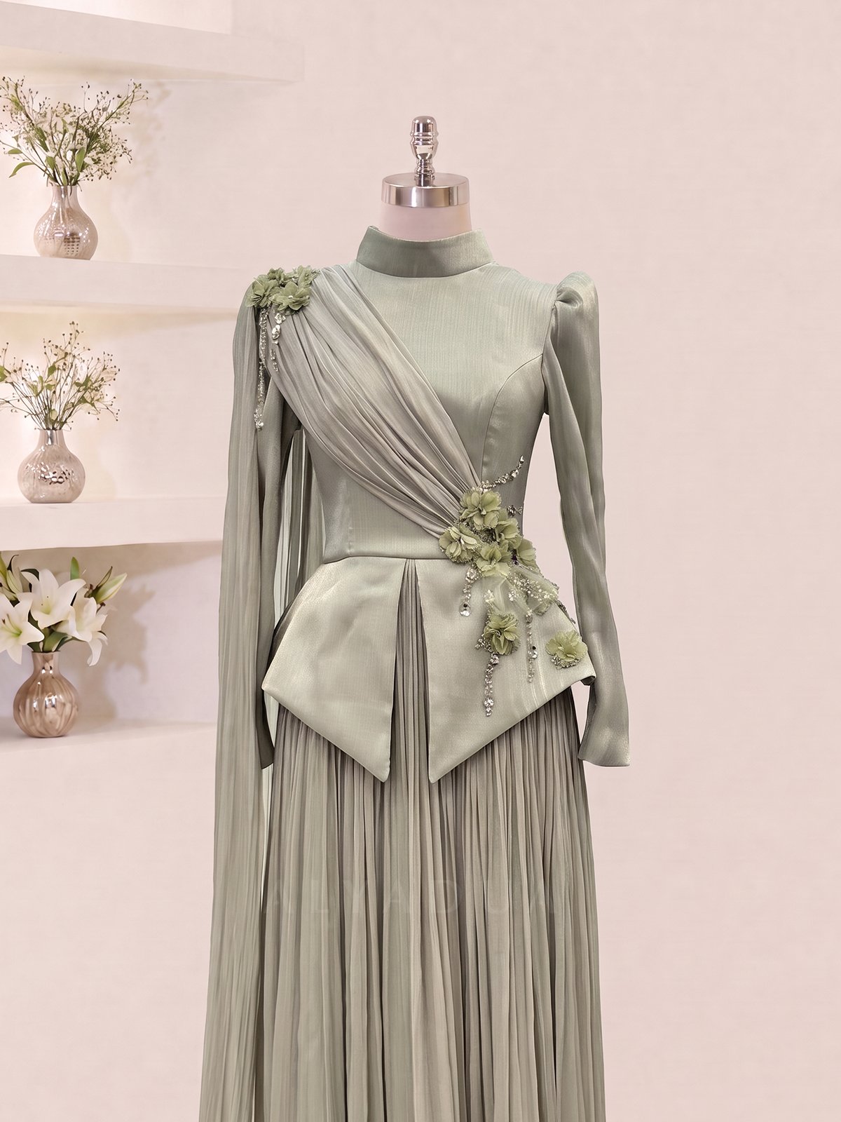 Eloria Modest Evening Dress with Floral Details