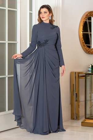 Chiffon Plus Size Mayda Evening Dress with Embroidered Waist and Shoulder Details - Gray - 1