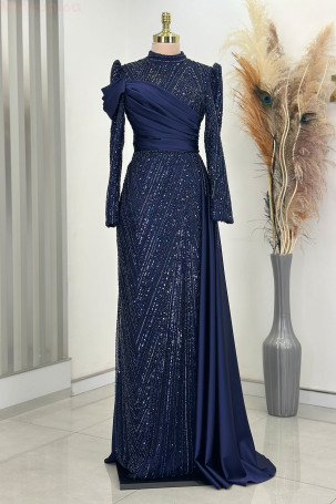 Detail Beaded Embroidered Cape Tail Satin Raissa Evening Dress - Navy Blue - Rana Zenn