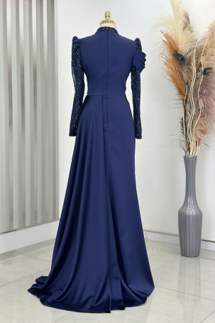 Detail Beaded Embroidered Cape Tail Satin Raissa Evening Dress - Navy Blue - 2