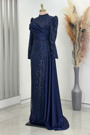 Detail Beaded Embroidered Cape Tail Satin Raissa Evening Dress - Navy Blue - 4