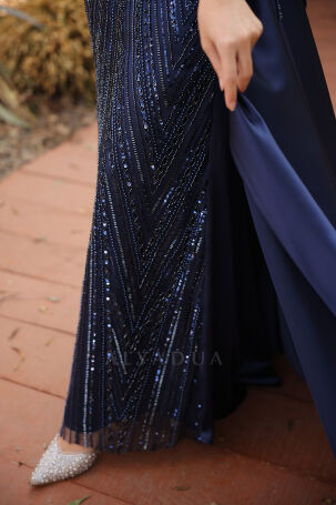 Detail Beaded Embroidered Cape Tail Satin Raissa Evening Dress - Navy Blue - 6