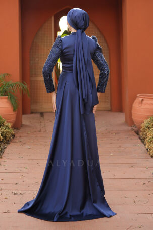 Detail Beaded Embroidered Cape Tail Satin Raissa Evening Dress - Navy Blue - 2