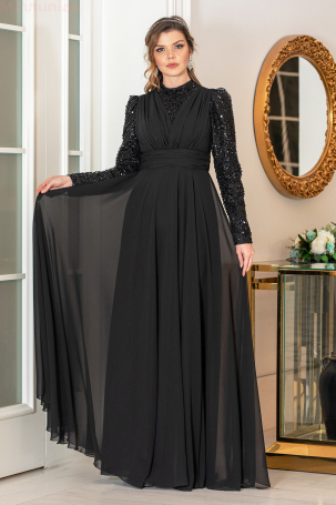 Detailed Chiffon Plus Size Arya Evening Dress - Black 