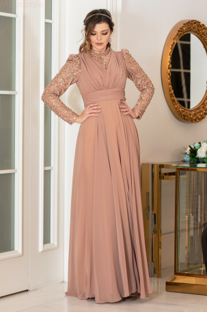 Detailed Chiffon Plus Size Arya Evening Dress - Salmon 