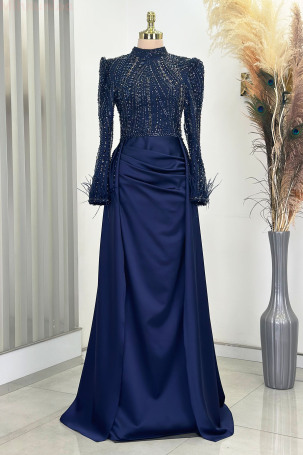 Detailed Sleeves with Feathers and Satin Sherry Evening Dress - Navy Blue 