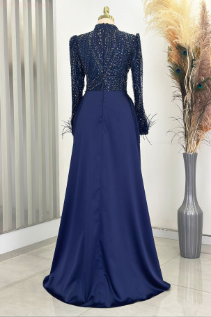 Detailed Sleeves with Feathers and Satin Sherry Evening Dress - Navy Blue - 2