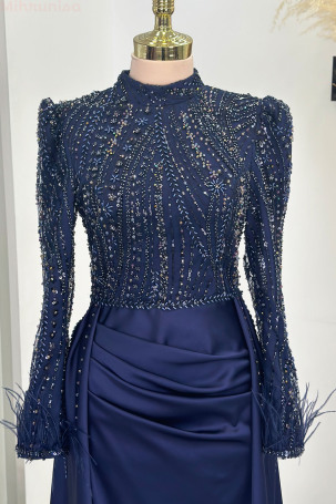 Detailed Sleeves with Feathers and Satin Sherry Evening Dress - Navy Blue - 3