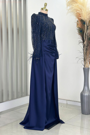 Detailed Sleeves with Feathers and Satin Sherry Evening Dress - Navy Blue - 4