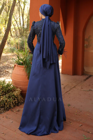 Detailed Sleeves with Feathers and Satin Sherry Evening Dress - Navy Blue - 2