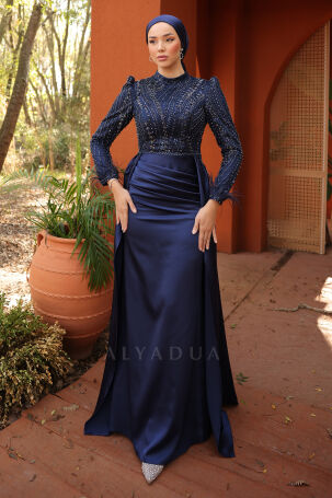 Detailed Sleeves with Feathers and Satin Sherry Evening Dress - Navy Blue - Rana Zenn