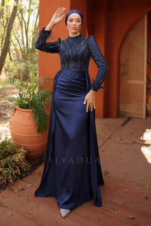 Detailed Sleeves with Feathers and Satin Sherry Evening Dress - Navy Blue - 4