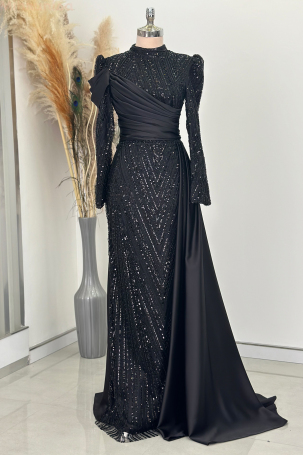 Drape Detail Bead Embroidered Cape Tail Satin Raissa Evening Dress - Black - Rana Zenn