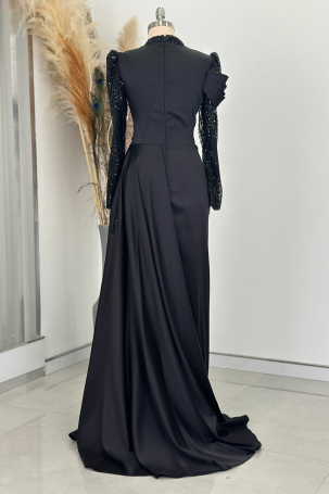 Drape Detail Bead Embroidered Cape Tail Satin Raissa Evening Dress - Black - 2