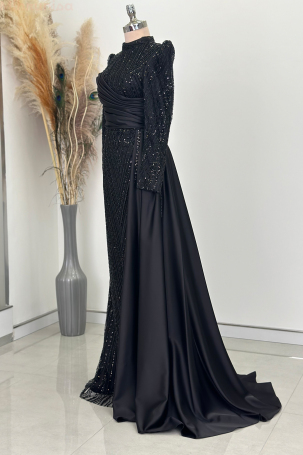 Drape Detail Bead Embroidered Cape Tail Satin Raissa Evening Dress - Black - 4