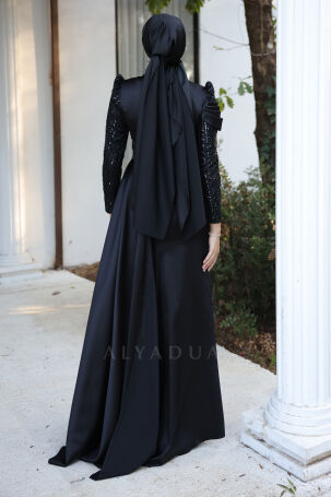 Drape Detail Bead Embroidered Cape Tail Satin Raissa Evening Dress - Black - 2