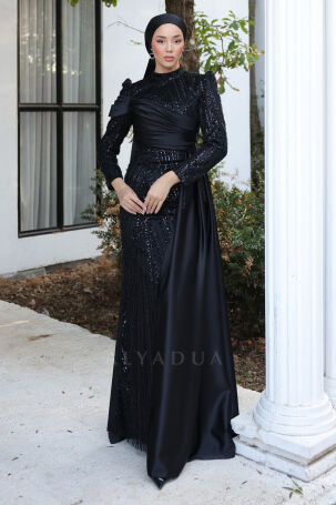 Drape Detail Bead Embroidered Cape Tail Satin Raissa Evening Dress - Black - Rana Zenn