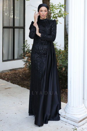 Drape Detail Bead Embroidered Cape Tail Satin Raissa Evening Dress - Black - 5