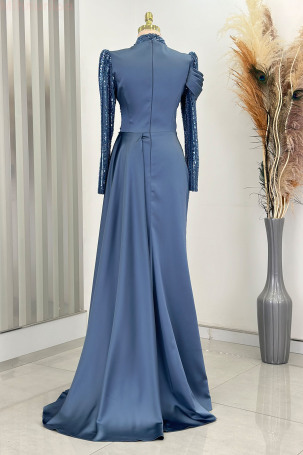 Drape Detail Beaded Embellished Cape Tail Satin Raissa Evening Dress - Indigo - 2