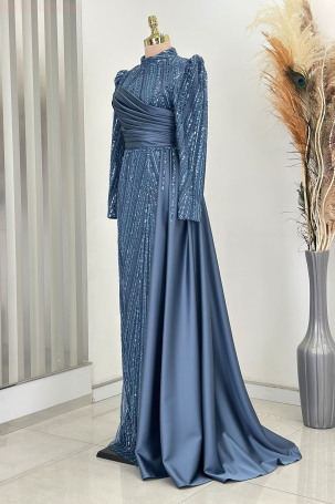 Drape Detail Beaded Embellished Cape Tail Satin Raissa Evening Dress - Indigo - 4