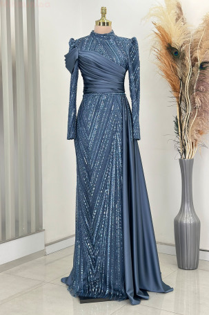 Drape Detail Beaded Embellished Cape Tail Satin Raissa Evening Dress - Indigo - Rana Zenn