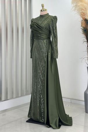 Drape Detail Beaded Embroidered Cape Tail Satin Raissa Evening Dress - Khaki - 4