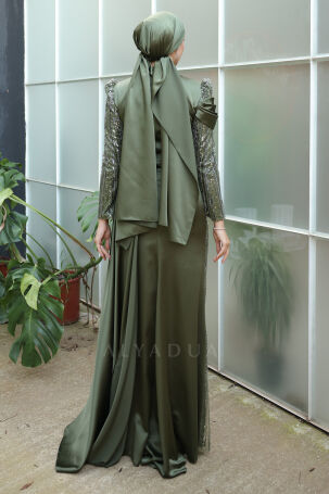 Drape Detail Beaded Embroidered Cape Tail Satin Raissa Evening Dress - Khaki - 2