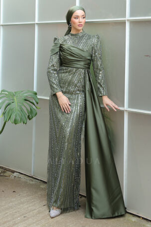 Drape Detail Beaded Embroidered Cape Tail Satin Raissa Evening Dress - Khaki - 4