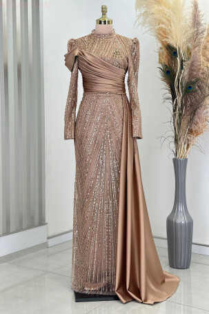 Drape Detail Beaded Satin Raissa Evening Gown with Tail - Gold - Rana Zenn