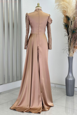 Drape Detail Beaded Satin Raissa Evening Gown with Tail - Gold - 2