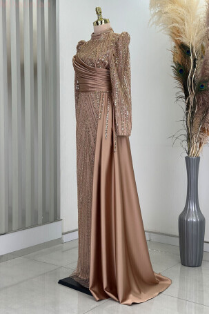 Drape Detail Beaded Satin Raissa Evening Gown with Tail - Gold - 4