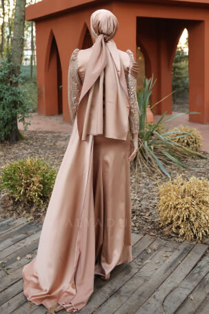 Drape Detail Beaded Satin Raissa Evening Gown with Tail - Gold - 2