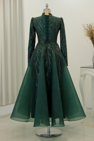 Embroidered Puffy Venus Evening Dress - Emerald - 2