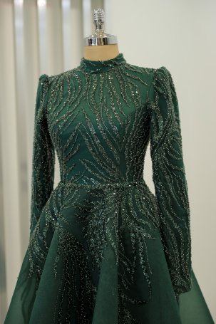 Embroidered Puffy Venus Evening Dress - Emerald - 3