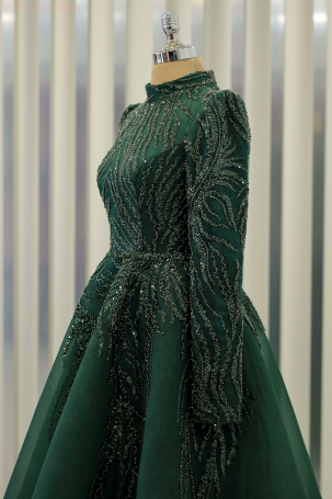 Embroidered Puffy Venus Evening Dress - Emerald - 4