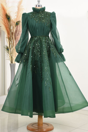 Embroidered Special Design Midi Length Flared Patrice Tulle Evening Dress - Emerald - 1