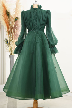 Embroidered Special Design Midi Length Flared Patrice Tulle Evening Dress - Emerald - 2