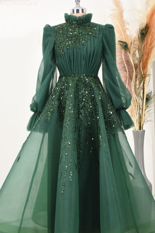 Embroidered Special Design Midi Length Flared Patrice Tulle Evening Dress - Emerald - 3