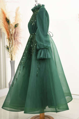 Embroidered Special Design Midi Length Flared Patrice Tulle Evening Dress - Emerald - 4