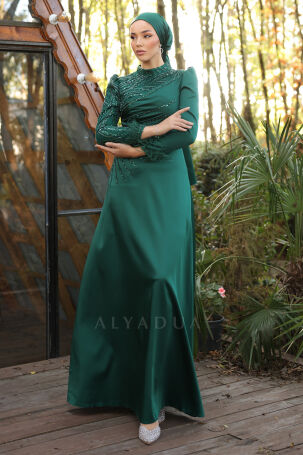 Emerald Satin Bianca Evening Dress with Feather Detail, Draped and Embroidered Sleeves - 4