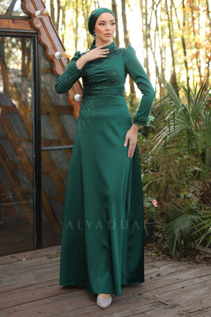 Emerald Satin Bianca Evening Dress with Feather Detail, Draped and Embroidered Sleeves - 1